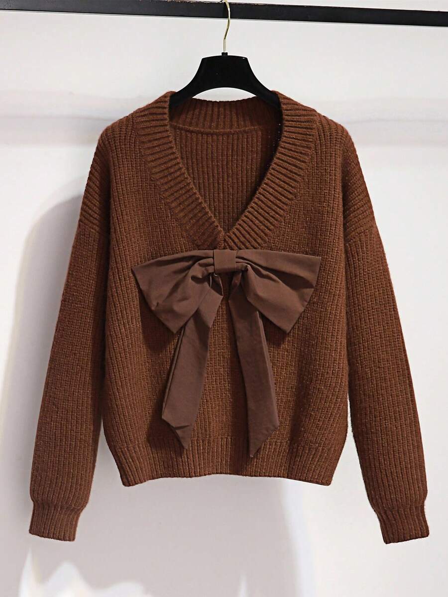SHEIN Franclia Bow Knit Sweater, Casual Chic Maillard Coffee Color Top