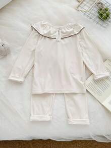 SHEIN Spring/Autumn New Korean Style Sweet Young Girls Set, Floral Trim Round Neck Long Sleeve Top + Slim Fit 2 Pieces Comfortable Casual Outfit Fall Winter - Apricot - View 2