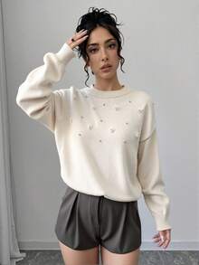 EURMUSE Women Sweater With Rhineshine Stones With Pearls Sweater Tops Pearl Sweater,Jumper,Cream Jumper,Jumpers,Black Jumper,Womens Jumper,White Jumper,Women's Jumper,Women's Jumpers,Winter Clothes - White - View 4