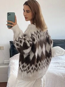 Livesso 女士宽松商务休闲几何图案撞色加厚针织开衫，适合秋冬季办公室穿着，新年、圣诞节等场合。 - 棕色 - 查看 3