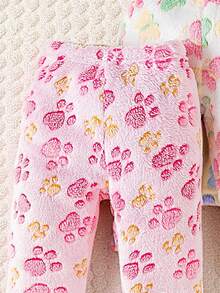 SHEIN Playful Pals 女嬰時尚可愛毛絨褲三件組，爪印、蝴蝶與花卉圖案，保暖舒適 - 彩色 - 查看 4