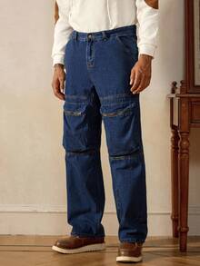RivetRise Jeans droits en denim avec fermeture éclair, patchwork et poches, style mode de rue décontracté pour hommes - Jean brut - Voir 6