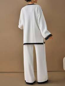 EURMUSE Conjunto casual de suéter de manga larga con hombros caídos y volantes de encaje en contraste, y pantalones de punto - Blanco - Ver 2