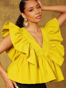 Vixey Top con cuello en V de tejido sólido, volantes y mangas abullonadas, bajo con volante - Amarillo - Ver 2