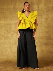Vixey Top con cuello en V de tejido sólido, volantes y mangas abullonadas, bajo con volante - Amarillo - Ver 4