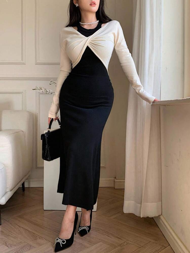 Women's Color Block Twist Design Elegant Long Sleeve Sweater Dress