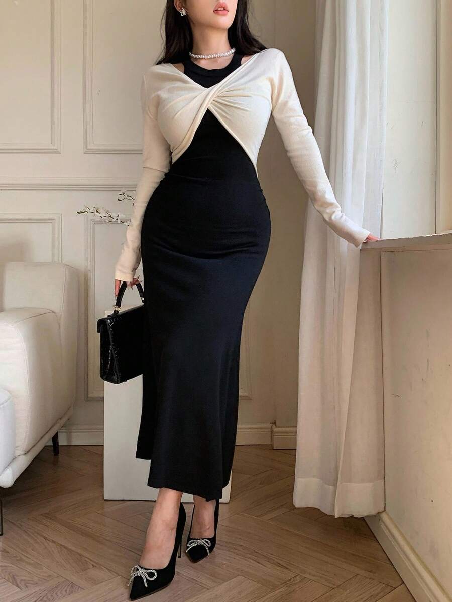 DAZY 女式拼色扭纹设计优雅长袖毛衣裙 - 黑色 - 查看 1