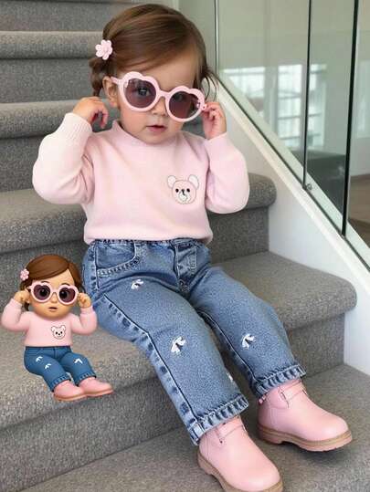 1 pieza Jeans azul medio para niñas con bordado de lazo blanco, ropa casual y linda para exteriores, estilo versátil