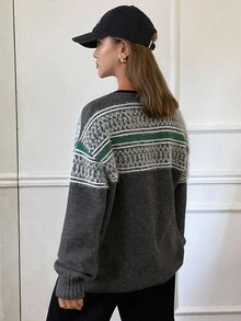 DAZY 女式撞色复古提花宽松圆领长袖休闲街头风格针织毛衣，秋冬 - 灰色 - 查看 2