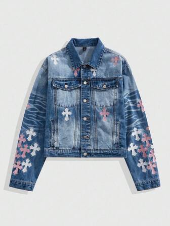 Grunge Punk Men's Casual Fashion Street Cross Embroidery Flap Pocket Washed Denim Jacket