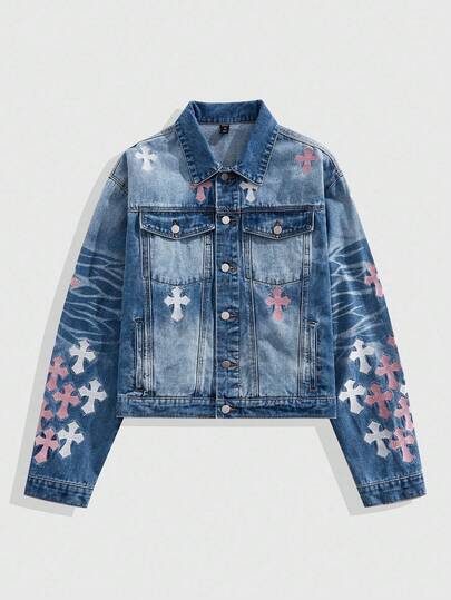 Grunge Punk Men's Casual Fashion Street Cross Embroidery Flap Pocket Washed Denim Jacket