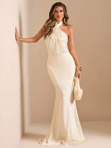 SHEIN BAE Autumn/Winter Solid Apricot Twist Halter Backless Fitted Maxi Elegant Mermaid Dress, Suitable For Party, Cocktail, Formal Occasion, Bridesmaid, Birthday Mini Dress, Business Casual, Backless Satin Graceful Extra Long Dress, Wedding Guest Attire, Wedding Bridesmaid Short Satin Gown, Cocktail Party, Graceful Dress