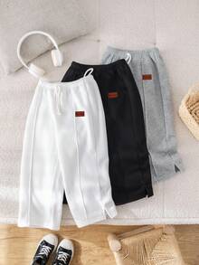 SHEIN 3pcs Boys' Casual Cute Daily Comfortable Classic Black White Grey Loose Straight Sweatshirt & Pants Set, Buy 2 Get 1 Free, Suitable For Outings, School, Gatherings, Autumn/Winter, Back To School Outfits, Fall Outfits,Winter Clothes - Multicolor - View 3
