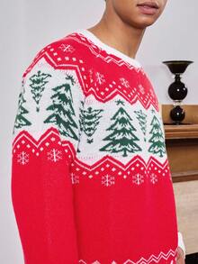 SWAVVY Men's Fashionable Long Sleeve Christmas Tree & Snowflake Pattern Crew Neck Sweater, For Fall Winter - Red - View 5
