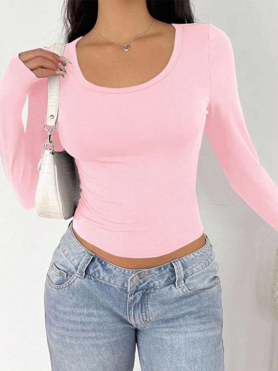 CovetEZ Light Pink Women's Casual Minimalist Crew Neck Raglan Sleeve Fitted Long Sleeve Base Layer T-Shirt, Suitable For Autumn/Winter - Baby Pink - View 1