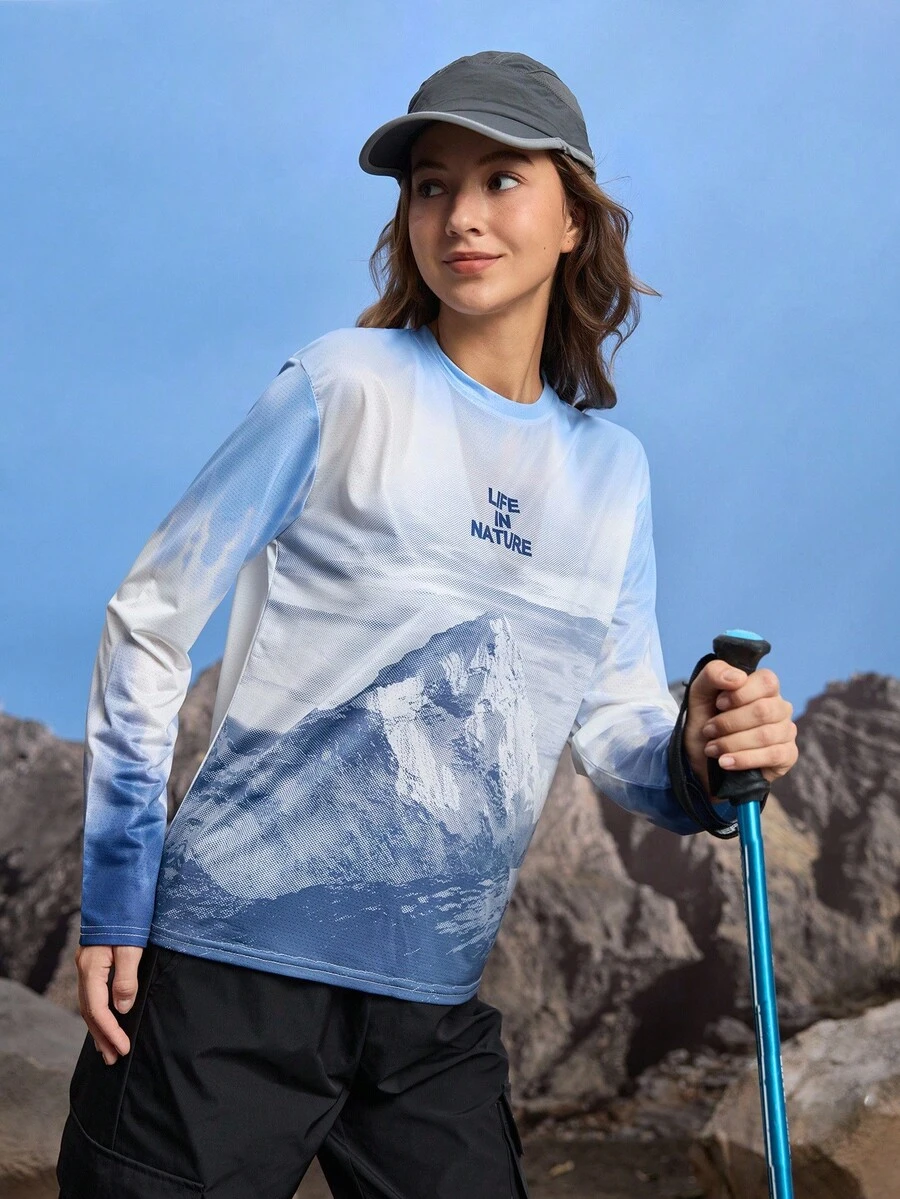 In My Nature 女士山地印花长袖透气户外T恤 - 藍白色 - 查看 1