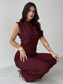 Firerie Khaki Minimalist Elegant Casual Commute Office Outfit: Sleeveless Asymmetric Ruched Waist Women's Blouse + Regular Ruched Wide Leg Women's Pants, Linen Commute Suit, Beach Outfits For Women, Airport Outfit, Vacation Outfits, Teacher Outfit