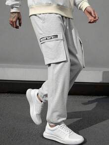 SHEIN 青少年男孩简约纯灰色工装运动裤，休闲学院风，舒适时尚，百搭，面料柔软，适合日常穿着、上学、郊游、户外运动、秋冬季