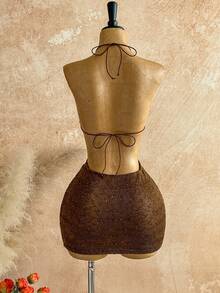 Soleia 女式性感吊带绑带紧身迷你连衣裙 - 咖啡棕 - 查看 4