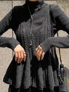 FRIFUL Pull femme col roulé 2 en 1 avec tricot unique, ourlet à volants patchwork, pull décontracté unicolore, automne