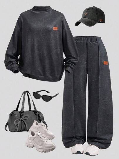 SHEIN Explorewe 2件套青少年女孩街头风格时尚立领长袖纯色运动衫和运动裤套装