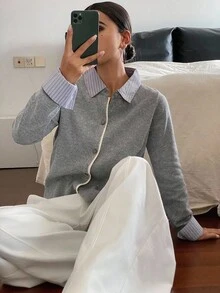 DAZY 女式撞色条纹拼布二合一休闲开衫 - 灰色 - 查看 7