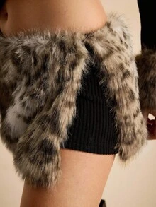 ROMWE EDITION Y2K 秋冬原宿辣妹豹纹毛茸茸拼接露背女上衣搭配豹纹毛茸茸性感低腰迷你裙 - 黑色 - 查看 7