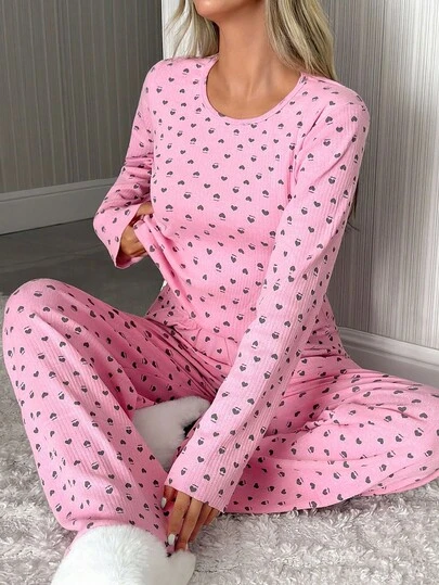 EURMUSE Cotton Plus Size Women Heart Letter Pattern Rib Knit Round Neck With Long Sleeve Top&Pants Homewear Comfort Lounge Set For Ladies