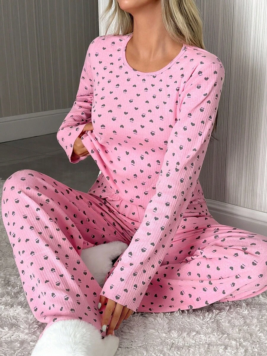 SHEIN Cottnline Cotton Plus Size Women Heart Letter Pattern Rib Knit Round Neck With Long Sleeve Top&Pants Homewear Comfort Lounge Set For Ladies - Pink - View 1