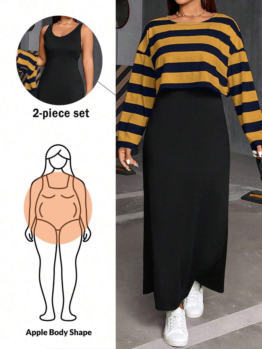 SHEIN Essnce 大码女装秋冬时尚休闲日常舒适黑白条纹长袖宽松T恤和黑色背心长裙两件套，曲线套装，连衣裙套装，女士街头服饰，春装，女士机场装，大学生装 - 彩色 - 查看 1