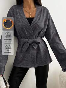 EURMUSE 秋冬休闲纯色落肩宽松开衫配腰带