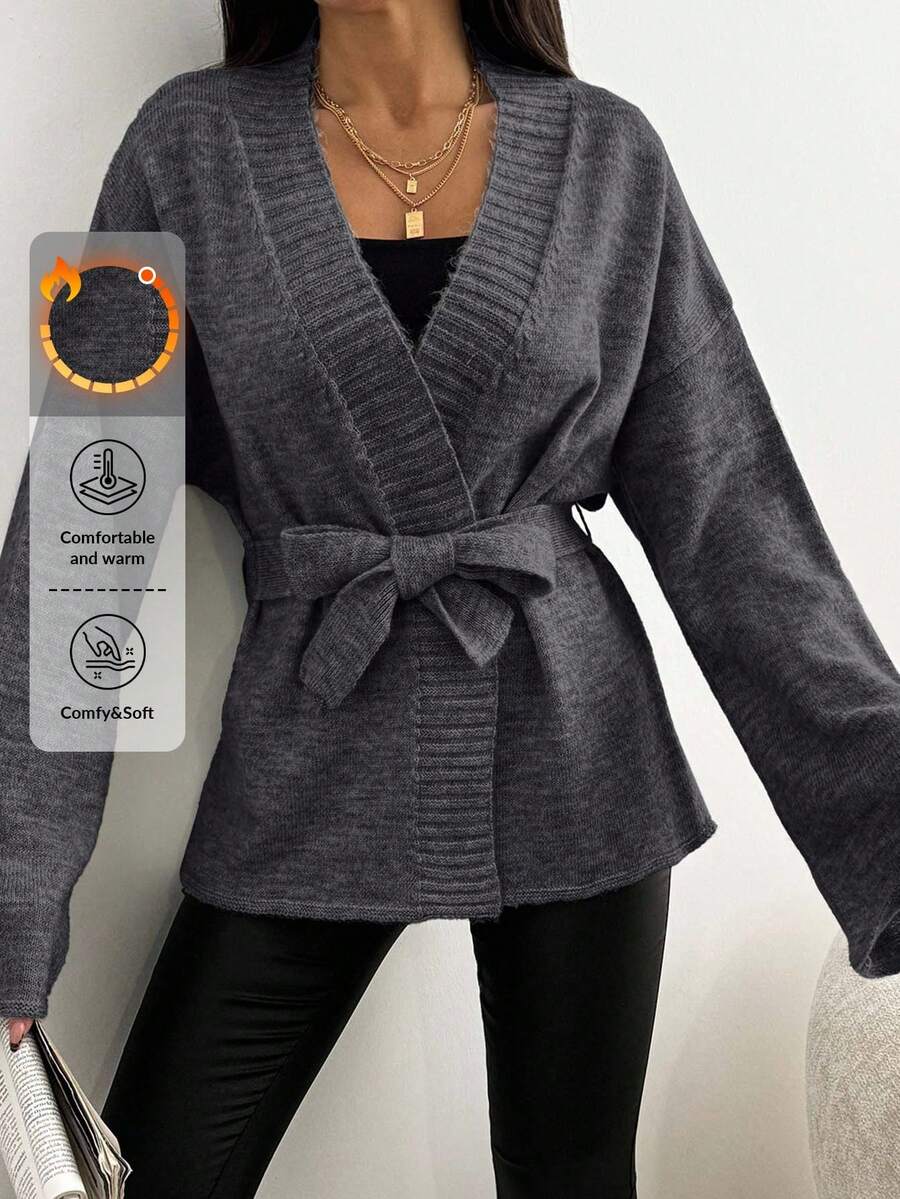 EURMUSE 秋冬休闲纯色落肩宽松开衫配腰带