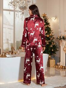 LuxeNights 圣诞元素印花仿丝披肩领女士睡衣套装，秋季服装 - 紅色 - 查看 2