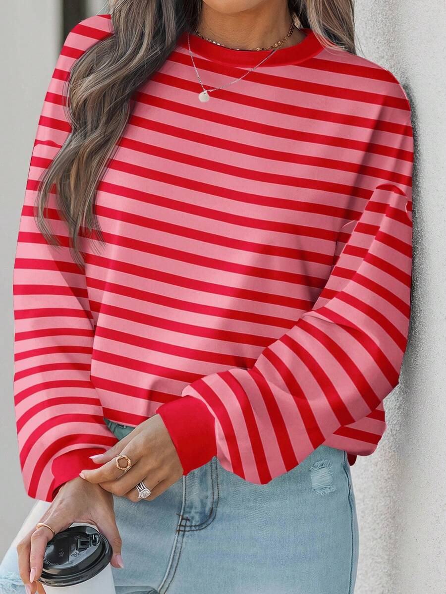 EMERY ROSE Damen Große Größen Locker Lässig gestreifter Kontrast Farbblock Langarm Sweatshirt, geeignet für Halloween, Weihnachten, Herbst/Winter