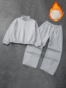 Manfinity Roghcode 2 件套男士时尚针织套头衫和运动裤套装，立领套头衫和宽松抽绳腰阔腿运动裤，针织运动服套装，极简色调，宽松版型，立领设计，毛绒面料，休闲，运动装，街头装，时尚装扮，节日/男友/丈夫礼物，秋冬装 - 灰色 - 查看 3