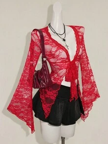 SHEIN ICON Y2k 女款西部乡村音乐会波西米亚嬉皮哥特风透明酒红色性感蕾丝扭纹前长袖开衫 - 紅色 - 查看 6