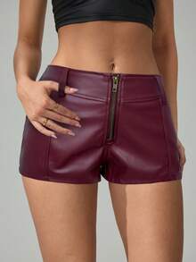 SHEIN Tall 女式纯色拉链紧身性感修身短裤 - 酒紅色 - 查看 6