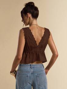 SHEIN BAE Yellow Satin & Lace Patchwork Camisole, Suitable For Vacation, Beach Camisole, Music Festival Camisole, Brunch Outfit, Wedding Guest Camisole, Bridesmaid Camisole, Spring/Summer,Brown Top