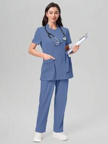 Scrubzie Anti-Wrinkle Short Sleeve Tie-Up Long Shirt And Long Pants Scrub Uniform Set - Blue - View 6