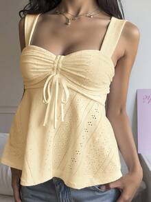 SHEIN EZwear Mustard Yellow Knit Casual Sleeveless Top For Women, Versatile For Summer Babydoll Tops Cream Top Ruched Top Bow Top Women