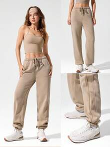 GLOWMODE 28" Fleece Soft Warm Oversized Fit Adjustable Drawstring Waist Vintage Joggers With Side Pockets Daily Casual Autumn Winter - Apricot - View 7