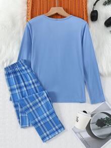 2 件男童休闲圆领长袖睡衣套装，含 SLEEP 印花上衣和格子宽松裤，柔软针织面料 - 藍色 - 查看 2