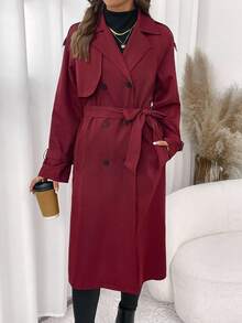 SHEIN Clasi 女士圣诞节，优雅插肩袖双排扣腰带酒红色长款风衣，秋冬季万圣节圣诞节女士冬季风衣 - 酒紅色 - 查看 3