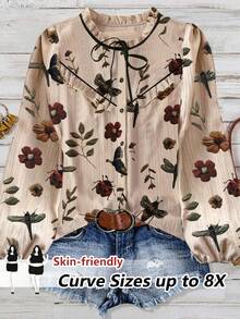 SHEIN CURVE+ 大码梭织印花休闲度假秋季衬衫 - 杏色 - 查看 1