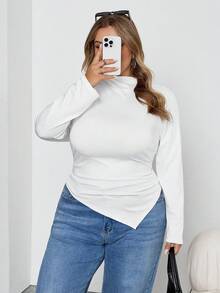 SHEIN CURVE+ Áo thun tay dài màu đen trắng cổ bẻ viền bất đối xứng 2 chiếc/bộ - Đen và trắng - Xem 9