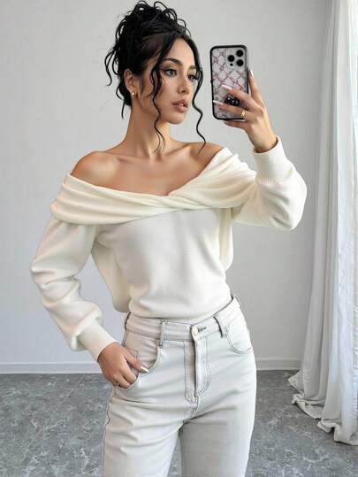 CLARA VERO Women Solid Color Front Twist Drop Shoulder Pullover,Jumper,Cream Jumper,Jumpers,Black Jumper,Womens Jumper,White Jumper,Women's Jumper,Women's Jumpers,Winter Clothes