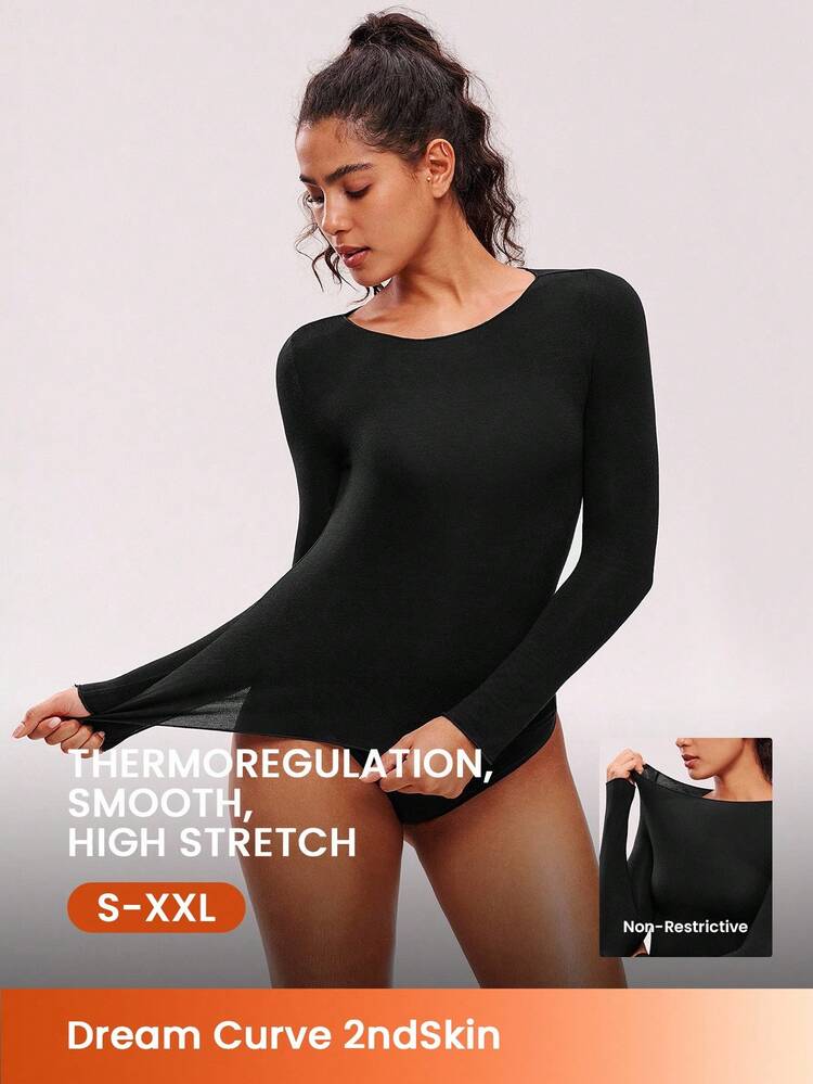Haut de base à manches longues Dream Curve 2ndSkin pour femmes, col ras-du-cou, noir, ultra doux. Couche de base extensible offrant un équilibre thermique. Peut être porté comme vêtement d'extérieur