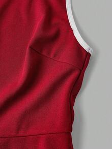 SHEIN MOD 女士优雅无袖连衣裙，荷叶边下摆，系带领 - 酒紅色 - 查看 4