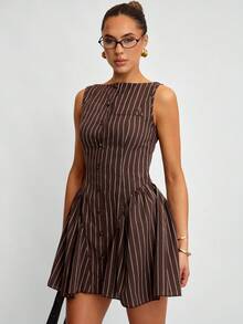 Avenya 棕色条纹纽扣设计荷叶边下摆无袖迷你连衣裙、工作服、优雅性感连衣裙、高级、时尚、女士正式连衣裙、女士冬装、外出装、新年女装、老钱、秋冬、办公室警笛、极简主义、基本款、收腰、女士办公室装、单身女郎装、适合通勤、休闲、闺蜜聚会、校园装、多种场合、休闲女装、商务休闲女装、秋季装、万圣节、圣诞节、外出装、学院风、派对、生日、Bae、Musera、MISSGUIDE - 彩色 - 查看 5