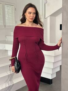 Modelyn 秋季大码女式纯色露肩长袖系带设计修身优雅针织连衣裙 - 酒紅色 - 查看 4
